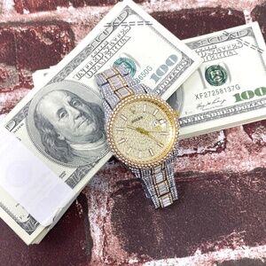 Iced Out Hip Hop Quartz Date Just Style Stainless Gold Diamonds Watch 41MM
